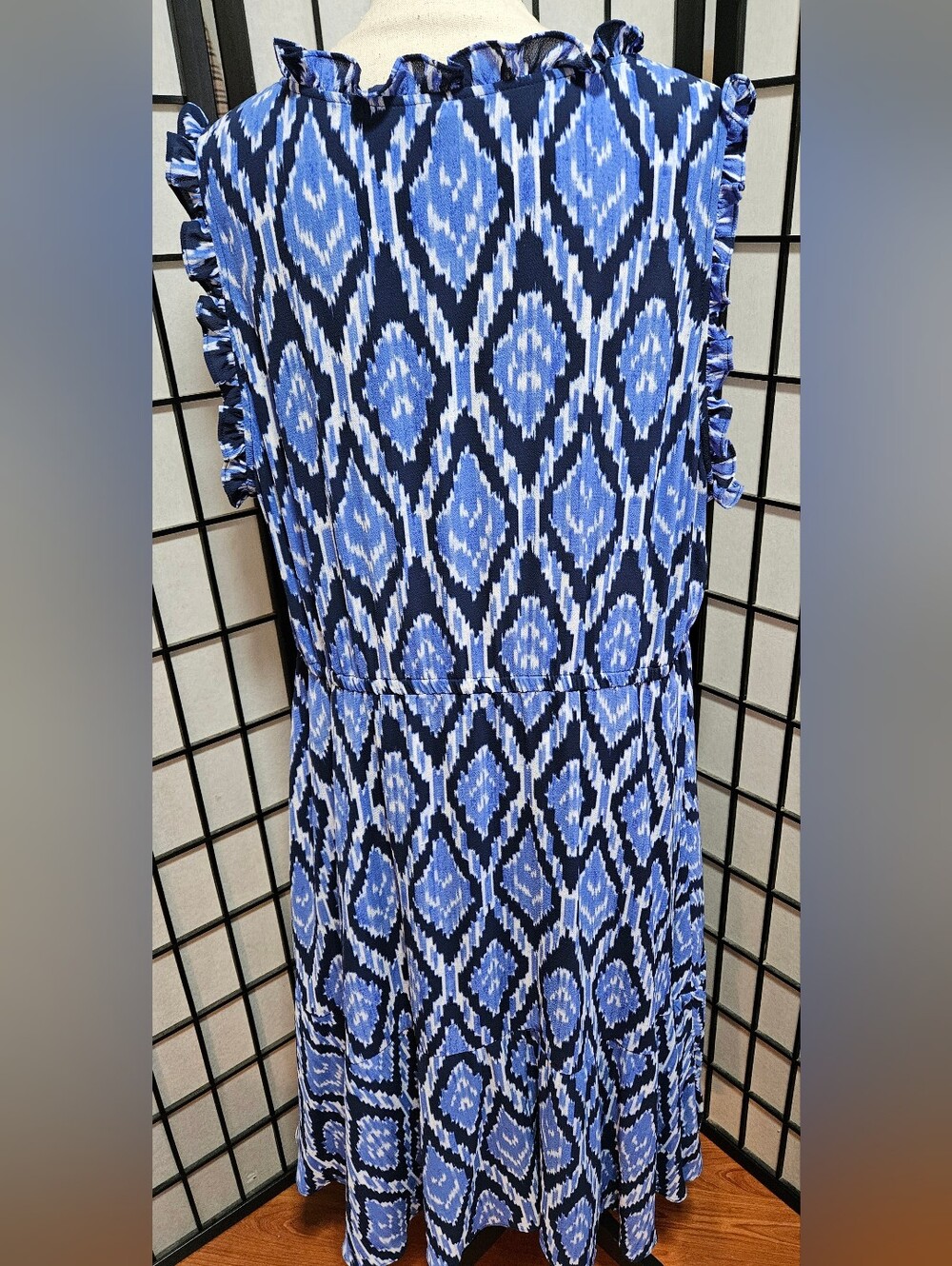 Talbots 18W Blue & White Ikat Print Ruffle Sleeved Sleeveless Midi Dress